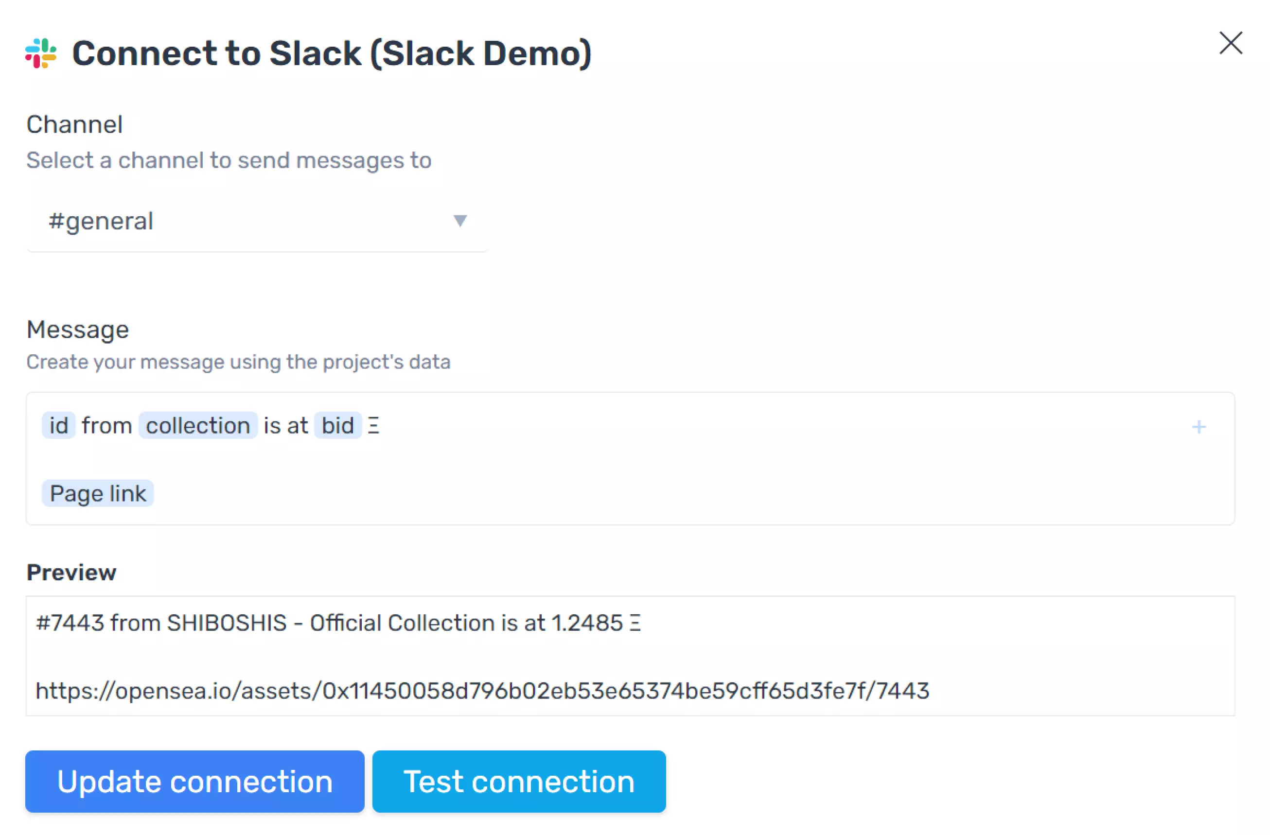 Compose a Slack message using the monitored data